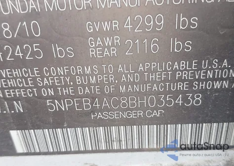 2011 Hyundai Sonata Gls from USA, damaged, VIN 5NPEB4AC8BH035438